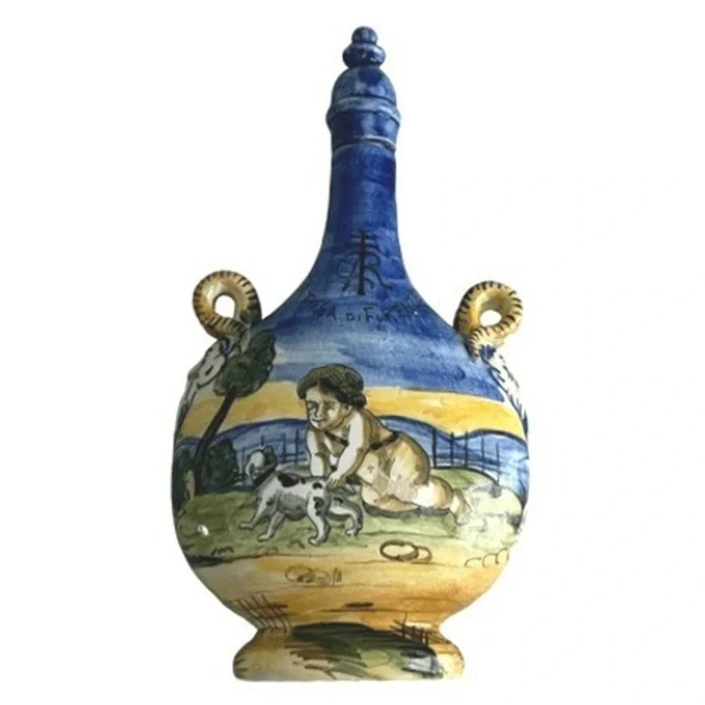 Antique 1906 Certosa di Firenze Italian Majolica Decanter Satyr Ram Horn Handles